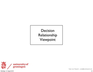 Decision
                            Relationship
                             Viewpoint




                                           Uwe van Heesch - uwe@vanheesch.net
Dienstag, 14. August 2012                                                  15
 