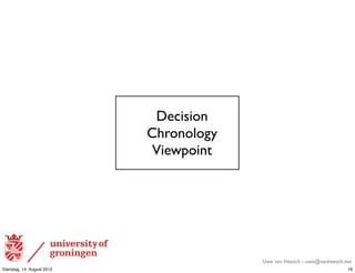 Decision
                            Chronology
                             Viewpoint




                                         Uwe van Heesch - uwe@vanheesch.net
Dienstag, 14. August 2012                                                19
 