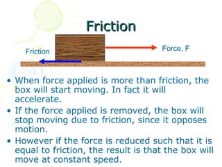 Friction
    Friction                           Force, F



• When force applied is more than friction, the
  box will start moving. In fact it will
  accelerate.
• If the force applied is removed, the box will
  stop moving due to friction, since it opposes
  motion.
• However if the force is reduced such that it is
  equal to friction, the result is that the box will
  move at constant speed.
 