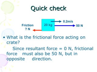Quick check What is the frictional force acting on crate? Since resultant force = 0 N, frictional force  must also be 50 N, but in opposite  direction. 20 kg 50 N Friction ? N 0.2m/s 