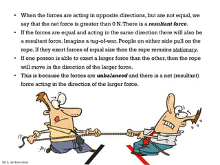 • When the forces are acting in opposite directions, but are not equal, we
say that the net force is greater than 0 N.There is a resultant force.
• If the forces are equal and acting in the same direction there will also be
a resultant force. Imagine a tug-of-war. People on either side pull on the
rope. If they exert forces of equal size then the rope remains stationary.
• If one person is able to exert a larger force than the other, then the rope
will move in the direction of the larger force.
• This is because the forces are unbalanced and there is a net (resultant)
force acting in the direction of the larger force.
Mr L. de Boer-Smit
 