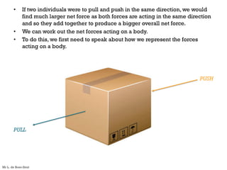 • If two individuals were to pull and push in the same direction, we would
find much larger net force as both forces are acting in the same direction
and so they add together to produce a bigger overall net force.
• We can work out the net forces acting on a body.
• To do this, we first need to speak about how we represent the forces
acting on a body.
PULL
PUSH
Mr L. de Boer-Smit
 