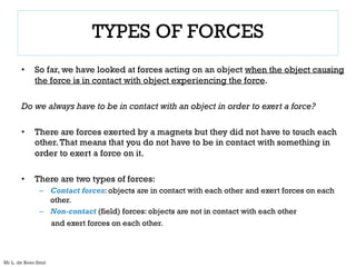 TYPES OF FORCES
• So far, we have looked at forces acting on an object when the object causing
the force is in contact with object experiencing the force.
Do we always have to be in contact with an object in order to exert a force?
• There are forces exerted by a magnets but they did not have to touch each
other.That means that you do not have to be in contact with something in
order to exert a force on it.
• There are two types of forces:
– Contact forces: objects are in contact with each other and exert forces on each
other.
– Non-contact (field) forces: objects are not in contact with each other
and exert forces on each other.
Mr L. de Boer-Smit
 