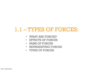 1.1 – TYPES OF FORCES:
• WHAT ARE FORCES?
• EFFECTS OF FORCES
• PAIRS OF FORCES
• REPRESENTING FORCES
• TYPES OF FORCES
Mr L. de Boer-Smit
 