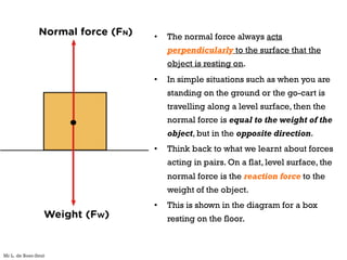 • The normal force always acts
perpendicularly to the surface that the
object is resting on.
• In simple situations such as when you are
standing on the ground or the go-cart is
travelling along a level surface, then the
normal force is equal to the weight of the
object, but in the opposite direction.
• Think back to what we learnt about forces
acting in pairs. On a flat, level surface, the
normal force is the reaction force to the
weight of the object.
• This is shown in the diagram for a box
resting on the floor.
Mr L. de Boer-Smit
 
