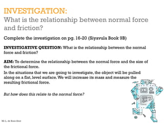 INVESTIGATION:
What is the relationship between normal force
and friction?
Complete the investigation on pg. 16-20 (Siyavula Book 9B)
INVESTIGATIVE QUESTION: What is the relationship between the normal
force and friction?
AIM: To determine the relationship between the normal force and the size of
the frictional force.
In the situations that we are going to investigate, the object will be pulled
along on a flat, level surface.We will increase its mass and measure the
resulting frictional force.
But how does this relate to the normal force?
Mr L. de Boer-Smit
 
