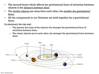 • The second factor which affects the gravitational force of attraction between
objects is the distance between them.
• The further objects are away from each other, the smaller the gravitational
force.
• All the components in our Universe are held together by a gravitational
force.
In summary we can say:
– The greater the mass of the objects, the stronger the gravitational force of
attraction between them.
– The closer objects are to each other, the stronger the gravitational force between
them.
Mr L. de Boer-Smit
 