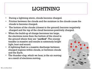 LIGHTNING
• During a lightning storm, clouds become charged.
• Friction between the clouds and the moisture in the clouds cause the
clouds to become charged.
• The bottom of the clouds (closest to the ground) become negatively
charged and the top of the cloud becomes positively charged.
• When the build-up of charge becomes too large,
the electrons move from the bottom of the cloud to
the ground where they are "earthed".The energy
transfer is massive and results in extremely bright
light, heat and sound.
• A lightning flash is a massive discharge between
charged regions within clouds, or between clouds
and the Earth.
• The thunder-clap, which we hear, is the air moving
as a result of electrons moving.
Mr L. de Boer-Smit
 