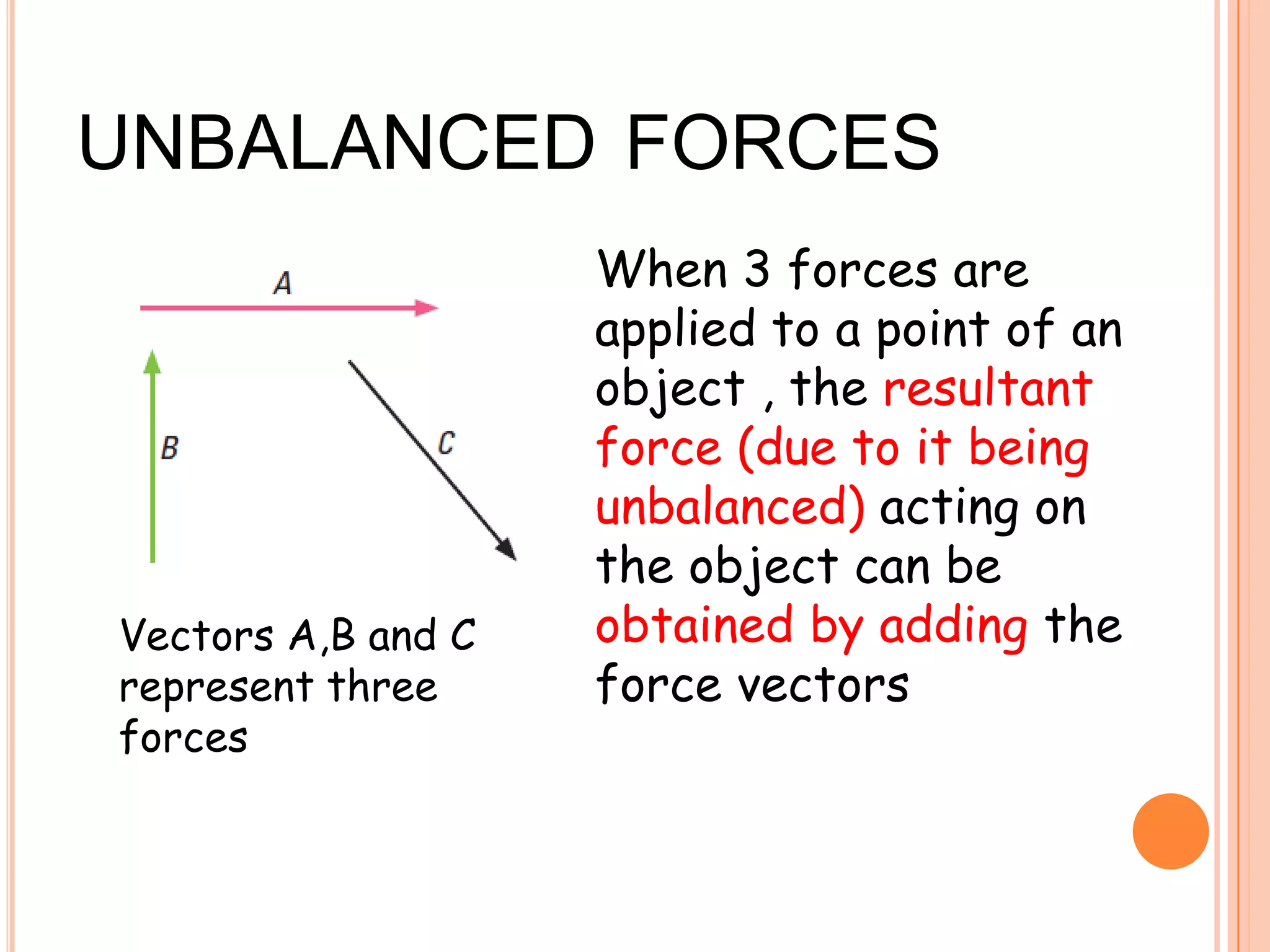 UNBALANCED FORCES
When 3 forces are
applied to a point of an
object , the resultant
force (due to it being
unbalanced) acting on
the object can be
obtained by adding the
force vectors
Vectors A,B and C
represent three
forces
 
