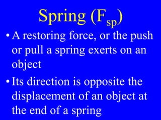Spring (Fsp)
•A restoring force, or the push
or pull a spring exerts on an
object
•Its direction is opposite the
displacement of an object at
the end of a spring
 