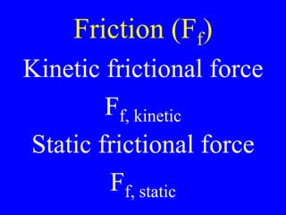 Friction (Ff)
Kinetic frictional force
Ff, kinetic
Static frictional force
Ff, static
 