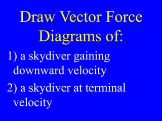 Draw Vector Force
Diagrams of:
1) a skydiver gaining
downward velocity
2) a skydiver at terminal
velocity
 
