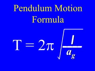 Pendulum Motion
Formula
T = 2p ----
l
ag
 