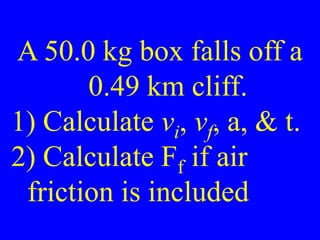 A 50.0 kg box falls off a
0.49 km cliff.
1) Calculate vi, vf, a, & t.
2) Calculate Ff if air
friction is included
 