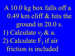 A 10.0 kg box falls off a
0.49 km cliff & hits the
ground in 20.0 s.
1) Calculate vf & a.
2) Calculate Ff if air
friction is included
 