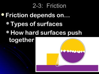 2-3: Friction
Friction depends on…
 Types of surfaces
 How hard surfaces push
  together
 