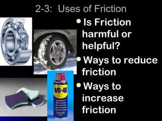 2-3: Uses of Friction
        Is Friction
          harmful or
          helpful?
        Ways to reduce
          friction
        Ways to
          increase
          friction
 