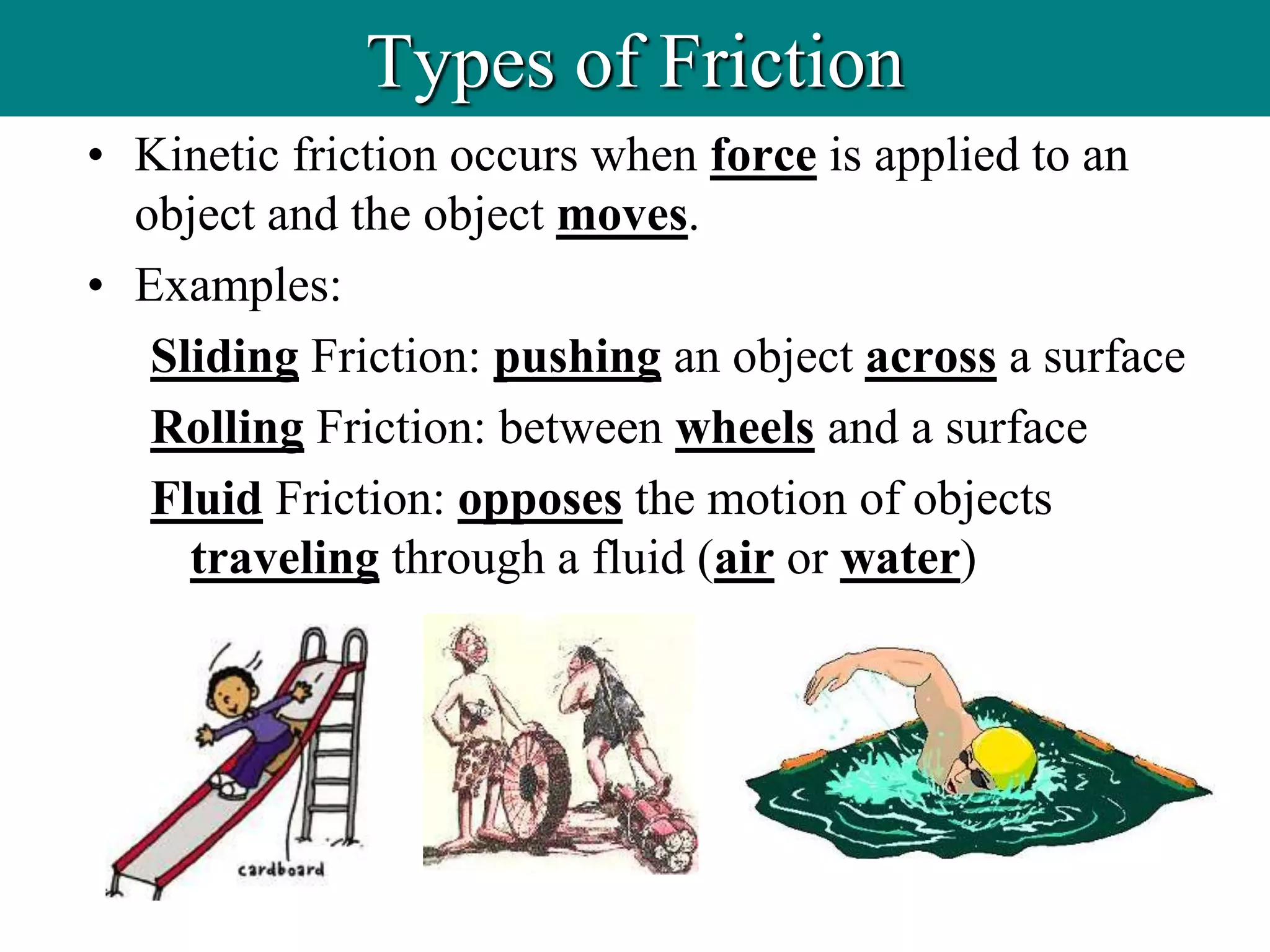• Kinetic friction occurs when force is applied to an
object and the object moves.
• Examples:
Sliding Friction: pushing an object across a surface
Rolling Friction: between wheels and a surface
Fluid Friction: opposes the motion of objects
traveling through a fluid (air or water)
Types of Friction
 