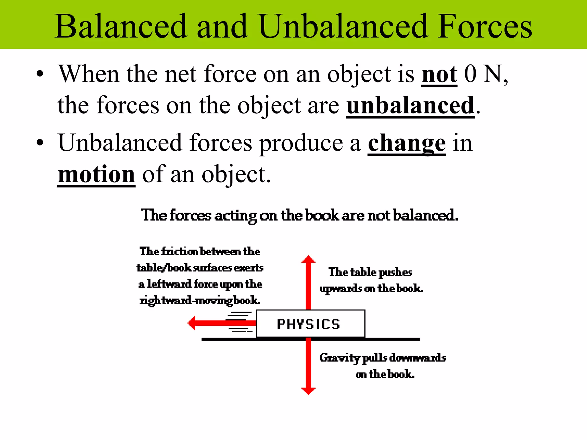 • When the net force on an object is not 0 N,
the forces on the object are unbalanced.
• Unbalanced forces produce a change in
motion of an object.
Balanced and Unbalanced Forces
 