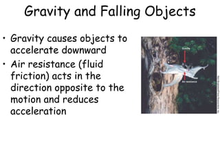 Gravity and Falling Objects
• Gravity causes objects to
accelerate downward
• Air resistance (fluid
friction) acts in the
direction opposite to the
motion and reduces
acceleration
 