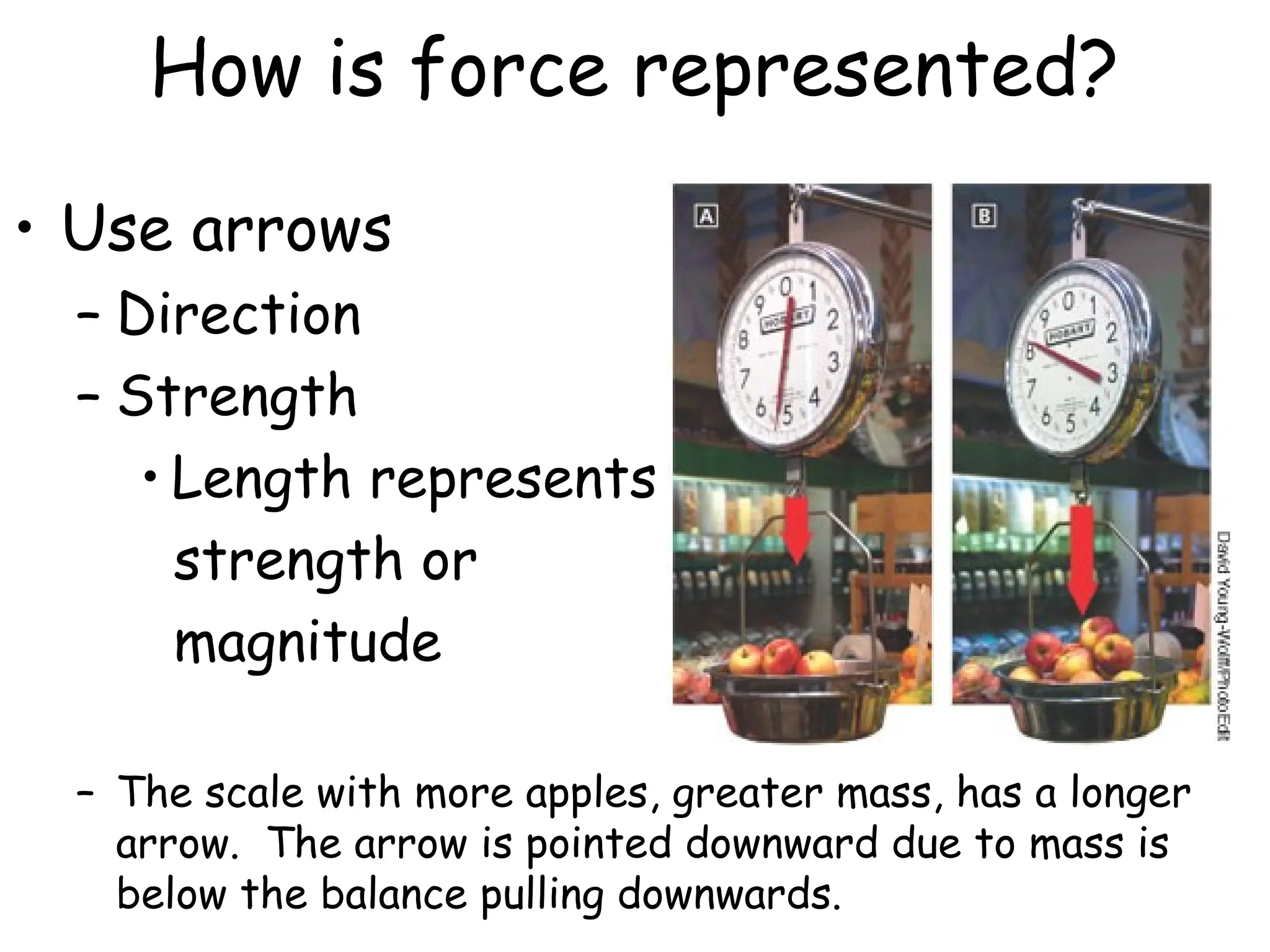 How is force represented?
• Use arrows
– Direction
– Strength
• Length represents
strength or
magnitude
– The scale with more apples, greater mass, has a longer
arrow. The arrow is pointed downward due to mass is
below the balance pulling downwards.
 