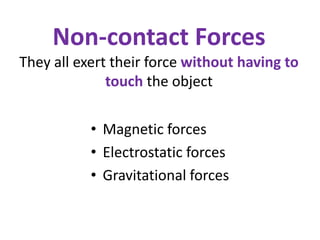 Non-contact ForcesThey all exert their force without having to touch the objectMagnetic forcesElectrostatic forcesGravitational forces