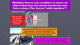 Unbalanced Forces
Cause Acceleration
Adding Forces:
5 N
Random Object
5 N
Notice that all the new forces are pointed in the
same direction, and they add together! So,
instead of only 5N of force pushing the object;
now there are 10 N of force pushing!
Multiple forces can combine to move an
object that has too much inertia for one
force alone.The forces“add together”!
All by himself, one person might not be able to
push a car. But with extra friends pushing, it
becomes much easier! The forces add together.
What you just
saw was like
two people
pushing on the
same box.
 