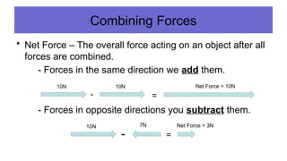 Combining Forces
• Net Force – The overall force acting on an object after all
forces are combined.
- Forces in the same direction we add them.
- Forces in opposite directions you subtract them.
10N 10N
=
+
Net Force = 10N
10N 7N
- =
Net Force = 3N
 