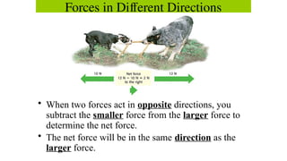 • When two forces act in opposite directions, you
subtract the smaller force from the larger force to
determine the net force.
• The net force will be in the same direction as the
larger force.
Forces in Different Directions
 