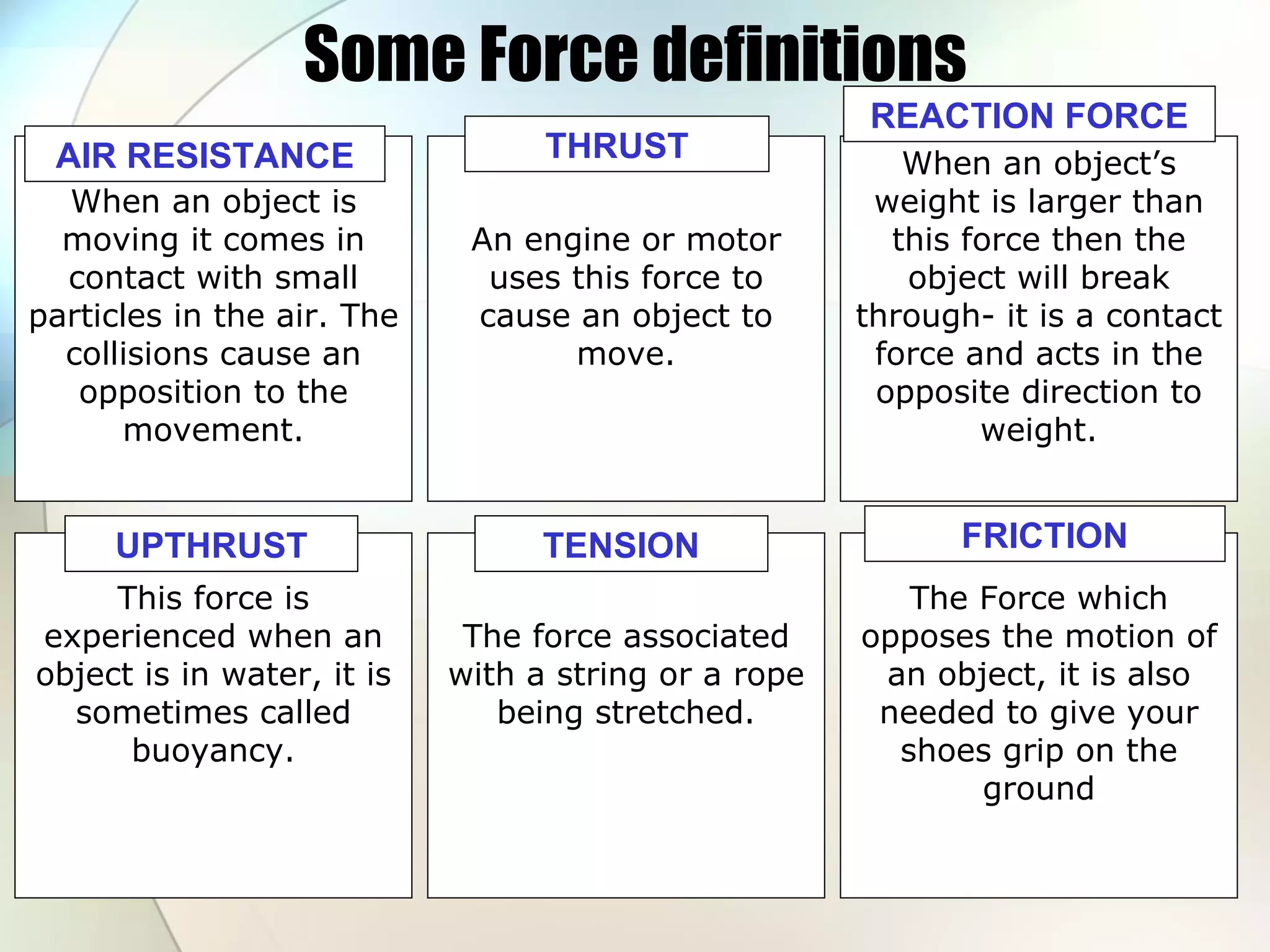 Some Force definitions When an object is moving it comes in contact with small particles in the air. The collisions cause an opposition to the movement. An engine or motor uses this force to cause an object to move. This force is experienced when an object is in water, it is sometimes called buoyancy. The force associated with a string or a rope being stretched. The Force which opposes the motion of an object, it is also needed to give your shoes grip on the ground When an object’s weight is larger than this force then the object will break through- it is a contact force and acts in the opposite direction to weight. FRICTION TENSION UPTHRUST THRUST AIR RESISTANCE REACTION FORCE 