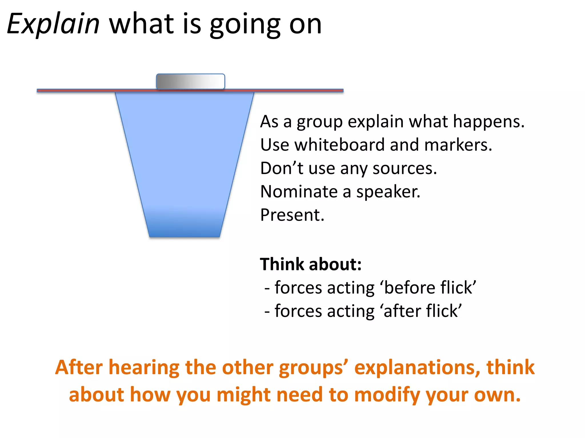 Explain what is going on

                        As a group explain what happens.
                        Use whiteboard and markers.
                        Don’t use any sources.
                        Nominate a speaker.
                        Present.

                        Think about:
                        - forces acting ‘before flick’
                        - forces acting ‘after flick’

   After hearing the other groups’ explanations, think
    about how you might need to modify your own.
 