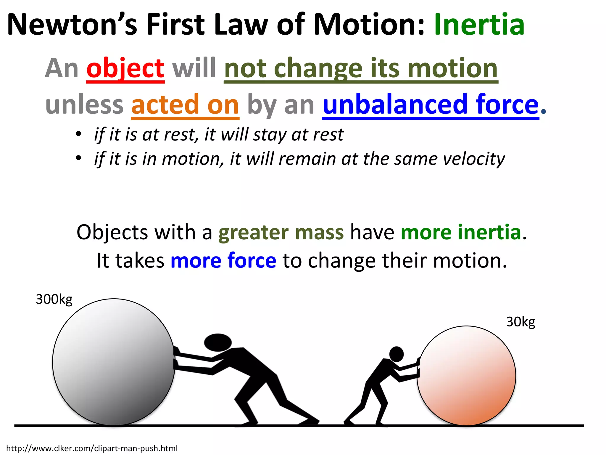 Newton’s First Law of Motion: Inertia
         An object will not change its motion
         unless acted on by an unbalanced force.
                • if it is at rest, it will stay at rest
                • if it is in motion, it will remain at the same velocity


                 Objects with a greater mass have more inertia.
                  It takes more force to change their motion.
       300kg
                                                                            30kg




http://www.clker.com/clipart-man-push.html
 