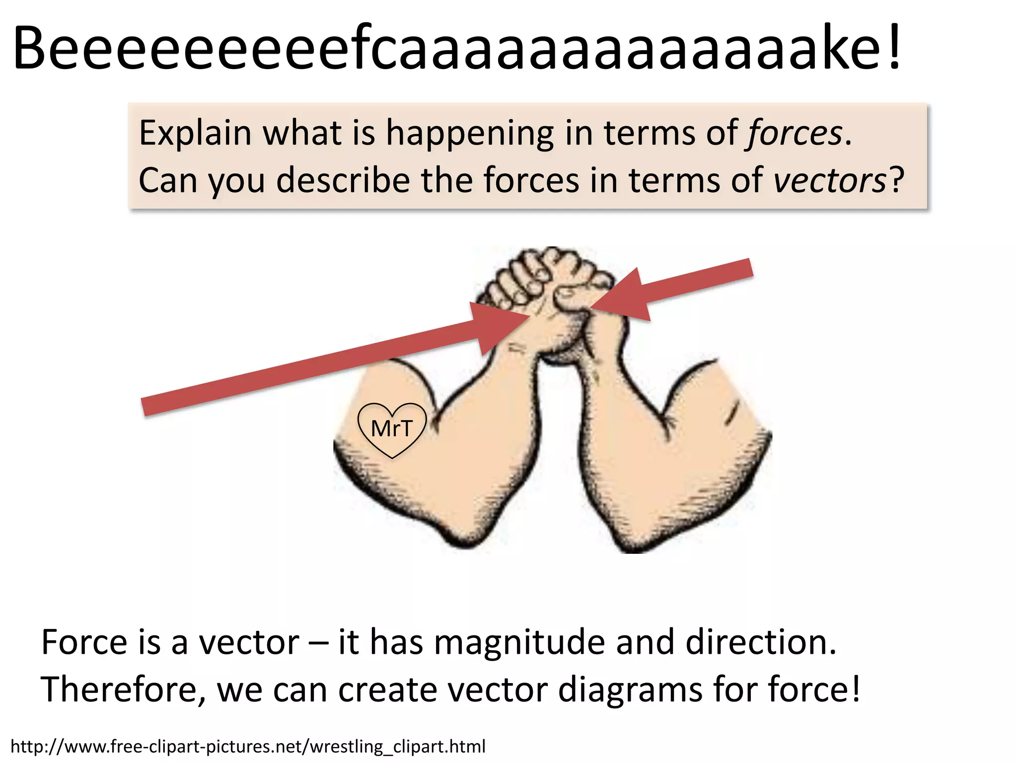 Beeeeeeeeefcaaaaaaaaaaaaake!
               Explain what is happening in terms of forces.
               Can you describe the forces in terms of vectors?




                                            MrT




   Force is a vector – it has magnitude and direction.
   Therefore, we can create vector diagrams for force!
http://www.free-clipart-pictures.net/wrestling_clipart.html
 