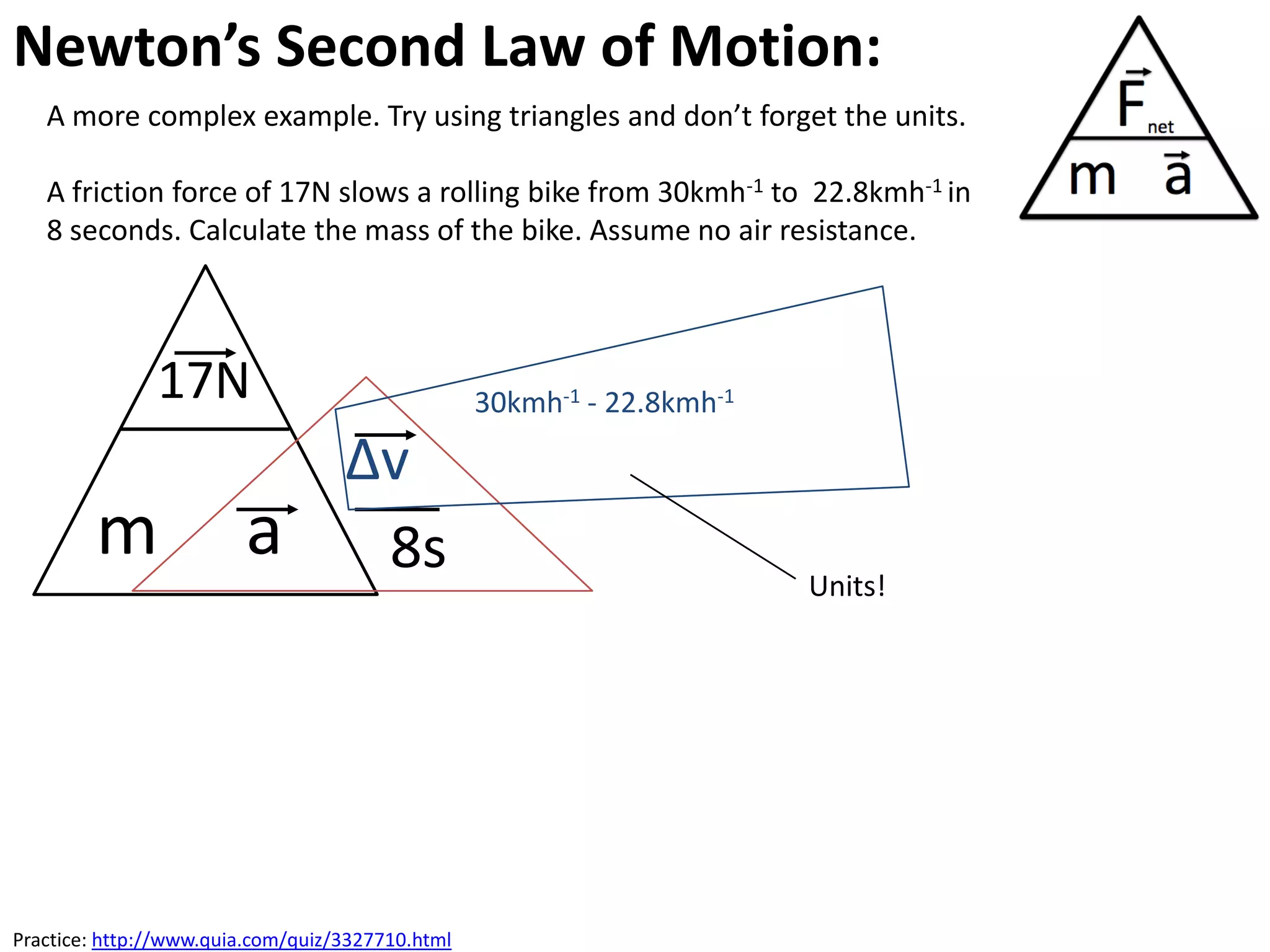 Newton’s Second Law of Motion:
   A more complex example. Try using triangles and don’t forget the units.

   A friction force of 17N slows a rolling bike from 30kmh-1 to 22.8kmh-1 in
   8 seconds. Calculate the mass of the bike. Assume no air resistance.



               17N                                30kmh-1 - 22.8kmh-1

                                   ∆v
        m               a           8s                                  Units!




Practice: http://www.quia.com/quiz/3327710.html
 