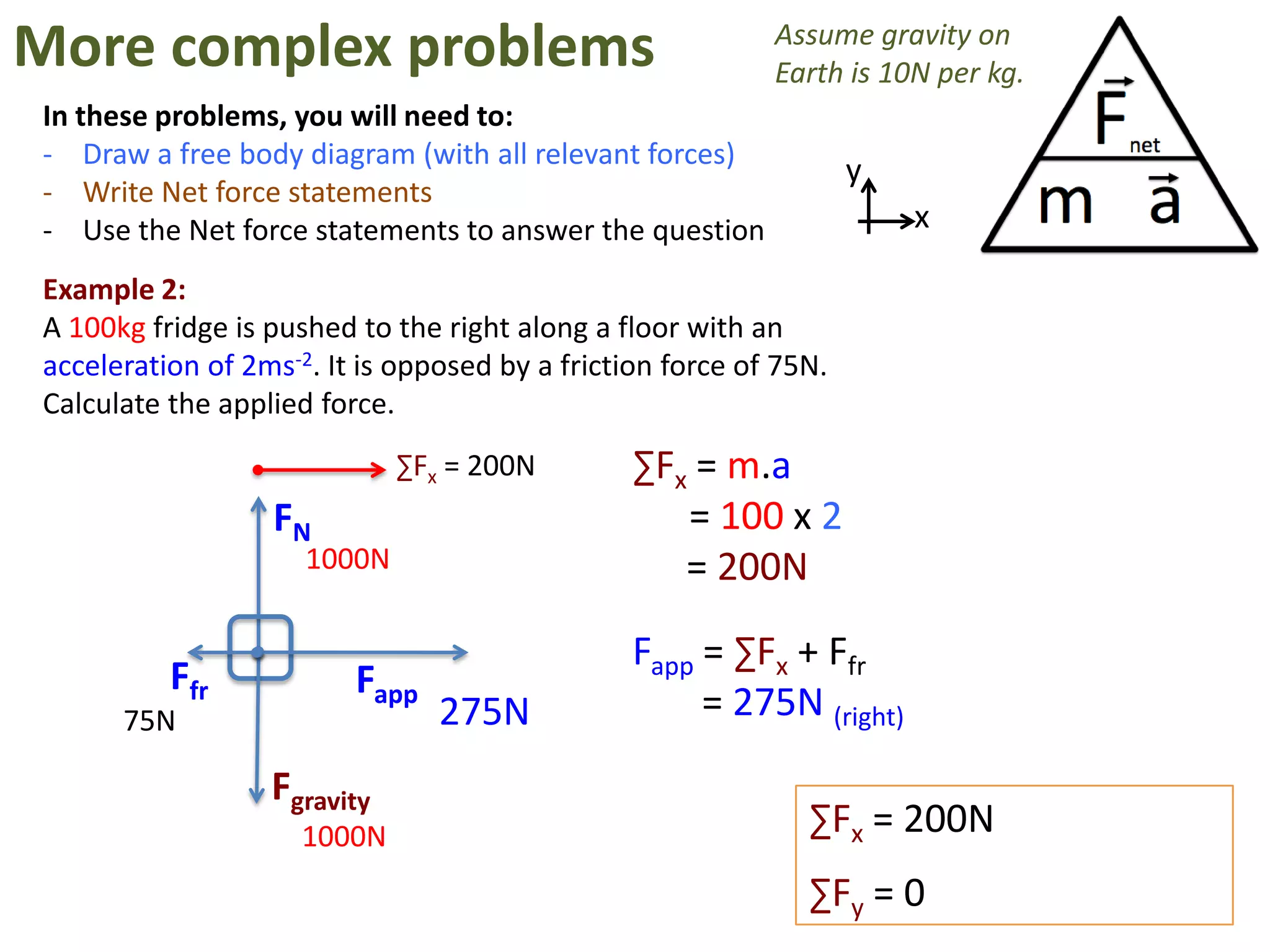 More complex problems                                      Assume gravity on
                                                           Earth is 10N per kg.
In these problems, you will need to:
- Draw a free body diagram (with all relevant forces)
                                                                   y
- Write Net force statements
- Use the Net force statements to answer the question                  x

Example 2:
A 100kg fridge is pushed to the right along a floor with an
acceleration of 2ms-2. It is opposed by a friction force of 75N.
Calculate the applied force.
                             ∑Fx = 200N         ∑Fx = m.a
                  FN                               = 100 x 2
                     1000N                         = 200N

                                                Fapp = ∑Fx + Ffr
          Ffr            Fapp
      75N                       275N                 = 275N (right)
                  Fgravity
                     1000N                                    ∑Fx = 200N
                                                              ∑Fy = 0
 