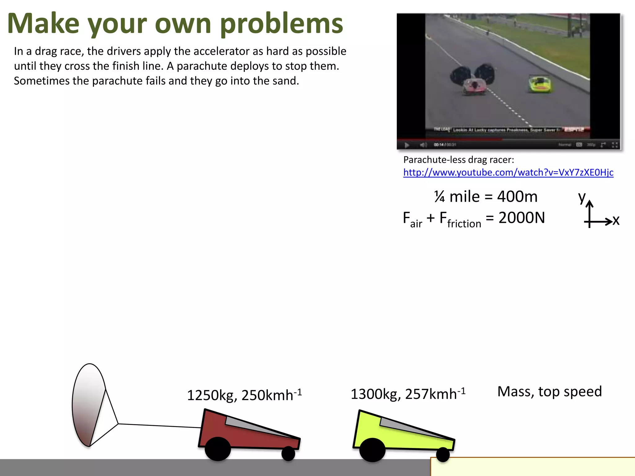 Make your own problems
In a drag race, the drivers apply the accelerator as hard as possible
until they cross the finish line. A parachute deploys to stop them.
Sometimes the parachute fails and they go into the sand.




                                                                               Parachute-less drag racer:
                                                                               http://www.youtube.com/watch?v=VxY7zXE0Hjc

                                                                                     ¼ mile = 400m               y
                                                                               Fair + Ffriction = 2000N                 x




                                   1250kg, 250kmh-1                     1300kg, 257kmh-1         Mass, top speed
 