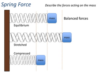 Spring Force              Describe the forces acting on the mass


                             mass       Balanced forces
     Equilibrium


                                        mass

     Stretched

     Compressed
                   mass
 