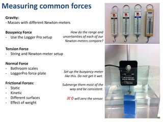 Measuring common forces
Gravity:
- Masses with different Newton-meters

Bouyancy Force                         How do the range and
- Use the Logger Pro setup        uncertainties of each of our
                                   Newton-meters compare?

Tension Force
- String and Newton-meter setup

Normal Force
- Bathroom scales
- LoggerPro force plate           Set up the buoyancy-meter
                                   like this. Do not get it wet.
Frictional Forces:              Submerge them most of the
- Static                            way and be consistent.
- Kinetic
- Different surfaces                ⌘ 0 will zero the sensor.
- Effect of weight
 