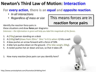 Newton’s Third Law of Motion: Interaction
  For every action, there is an equal and opposite reaction.
        • In all interactions
        • Regardless of mass or size                       This means forces are in
  Identify the reaction force pairs in
                                                             reaction force pairs.
  these situations and draw force pair diagrams:
  Extension – the information in green will help you label the magnitude of the forces.

  1.   A (70kg) person standing on a desk
  2.   A (100g) ball (slows from 20ms-1 0ms-1 in 0.1s when it) hits a wall.
  3.   A bow pushes an arrow forward with a force of 50N.
  4.   A bike tyre pushes down on the ground. (The bike weighs 20kg).
  5.   A rocket pushes hot air down and out, so that it takes off.


  1. How many reaction force pairs can you identify here?




http://www.canstockphoto.com/illustration/dribbling.html
 