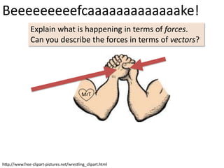 Beeeeeeeeefcaaaaaaaaaaaaake!
               Explain what is happening in terms of forces.
               Can you describe the forces in terms of vectors?




                                            MrT




http://www.free-clipart-pictures.net/wrestling_clipart.html
 