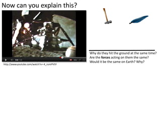 Now can you explain this?




                                             Why do they hit the ground at the same time?
                                             Are the forces acting on them the same?
                                             Would it be the same on Earth? Why?
http://www.youtube.com/watch?v=-4_rceVPVSY
 