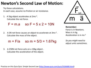 Newton’s Second Law of Motion: Acceleration
  Try these calculations.
  In each case, assume no friction or air resistance.

  1. A 5kg object accelerates at 2ms-2.
     Calculate the net force.

        F = m.a             so F = 5 x 2 = 10N
                                                                          Remember:
                                                                          Force is in Newtons.
  2. A 5N net force causes an object to accelerate at 3ms-2.              Mass is in kg.
     Calculate the mass of the object.                                    Acceleration is in ms-2

                                                                          So you might need to
        m = F/a             so m = 5/3 = 1.67kg                           adjust units sometimes.

  3. A 250N net force acts on a 10kg object .
     Calculate the acceleration of the object.




Practice on this Quia Quiz: Simple Second Law (http://www.quia.com/quiz/3326680.html)
 