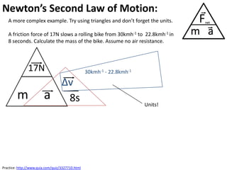 Newton’s Second Law of Motion:
   A more complex example. Try using triangles and don’t forget the units.

   A friction force of 17N slows a rolling bike from 30kmh-1 to 22.8kmh-1 in
   8 seconds. Calculate the mass of the bike. Assume no air resistance.



               17N                                30kmh-1 - 22.8kmh-1

                                   ∆v
        m               a           8s                                  Units!




Practice: http://www.quia.com/quiz/3327710.html
 