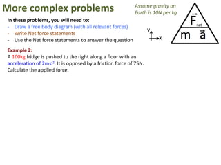 More complex problems                                      Assume gravity on
                                                           Earth is 10N per kg.
In these problems, you will need to:
- Draw a free body diagram (with all relevant forces)
                                                                   y
- Write Net force statements
- Use the Net force statements to answer the question                  x

Example 2:
A 100kg fridge is pushed to the right along a floor with an
acceleration of 2ms-2. It is opposed by a friction force of 75N.
Calculate the applied force.
 