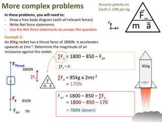 More complex problems                                        Assume gravity on
                                                             Earth is 10N per kg.
In these problems, you will need to:
- Draw a free body diagram (with all relevant forces)
                                                                  y
- Write Net force statements
- Use the Net force statements to answer the question                   x

Example 3:
An 85kg rocket has a thrust force of 1800N. It accelerates
upwards at 2ms-2. Determine the magnitude of air
resistance against the rocket.
                                ∑Fy = 1800 – 850 – Fair
    FThrust                      ∑Fx = 0                                            85kg
            1800N
                   ∑Fy          ∑Fy = 85kg x 2ms-2
                                    = 170N

    Fg                          Fair = 1800 – 850 – ∑Fy
            850N                     = 1800 – 850 – 170
     Fair     ?N                      = 780N (down)
 