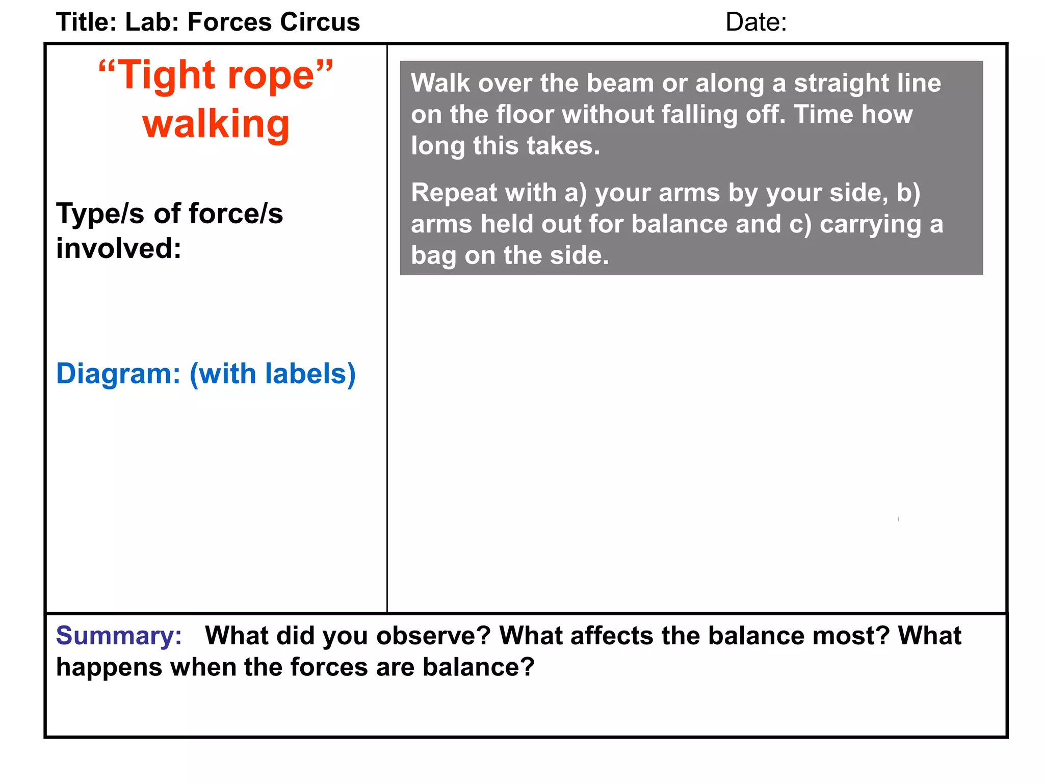 “Tight rope”
walking
Type/s of force/s
involved:
Diagram: (with labels)
Title: Lab: Forces Circus Date:
Summary: What did you observe? What affects the balance most? What
happens when the forces are balance?
Walk over the beam or along a straight line
on the floor without falling off. Time how
long this takes.
Repeat with a) your arms by your side, b)
arms held out for balance and c) carrying a
bag on the side.
 