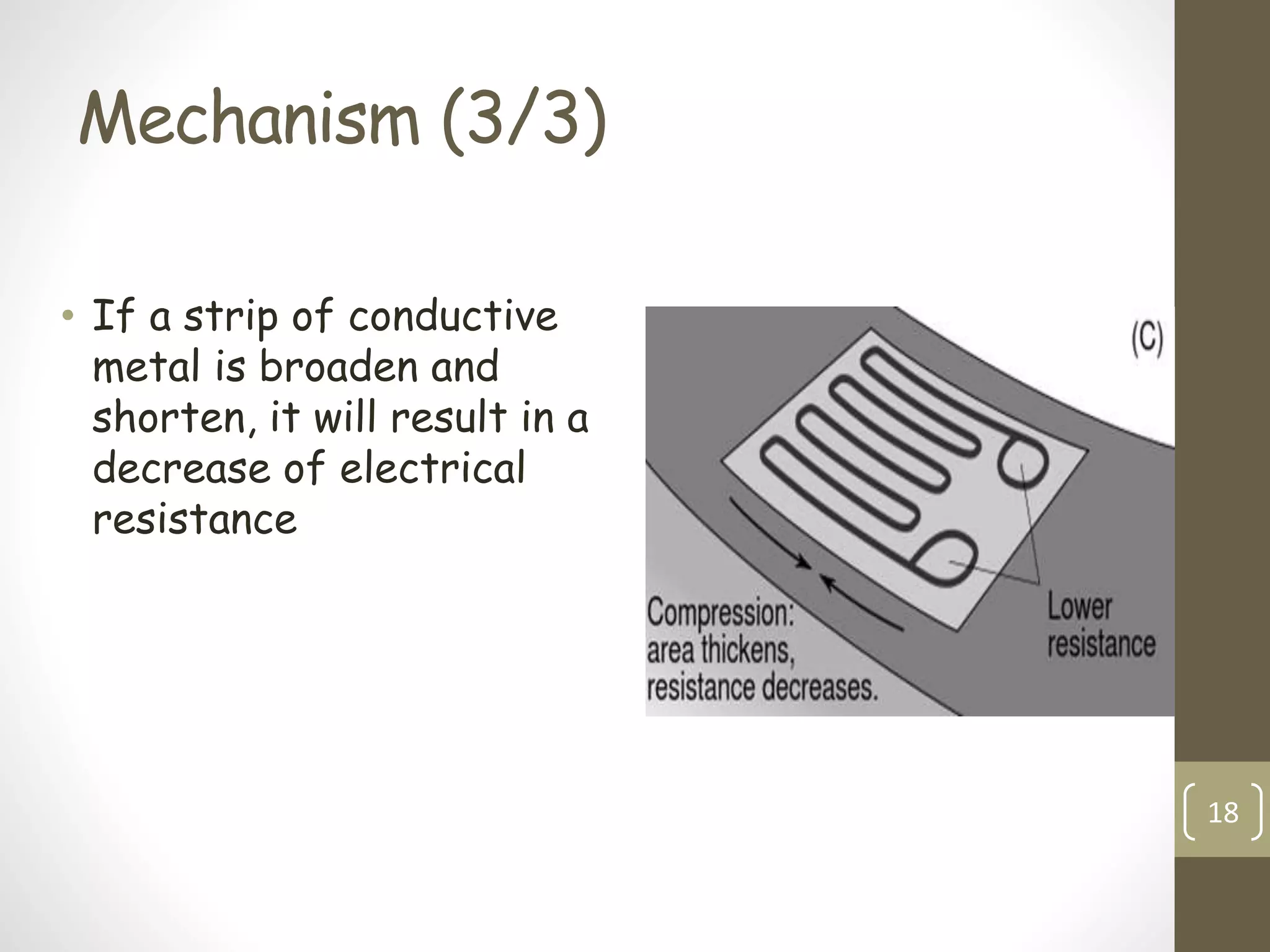 Mechanism (3/3)
• If a strip of conductive
metal is broaden and
shorten, it will result in a
decrease of electrical
resistance
18
 