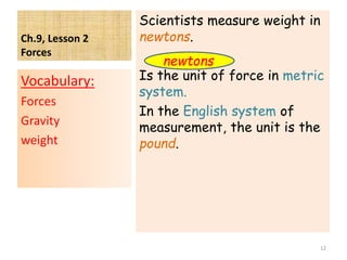 Ch.9, Lesson 2
Forces
Scientists measure weight in
newtons.
Is the unit of force in metric
system.
In the English system of
measurement, the unit is the
pound.
Vocabulary:
Forces
Gravity
weight
12
newtons.
 