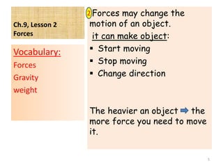 Ch.9, Lesson 2
Forces
Forces may change the
motion of an object.
it can make object:
 Start moving
 Stop moving
 Change direction
The heavier an object the
more force you need to move
it.
Vocabulary:
Forces
Gravity
weight
5
2
 