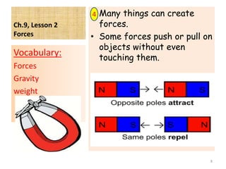 Ch.9, Lesson 2
Forces
• Many things can create
forces.
• Some forces push or pull on
objects without even
touching them.
Vocabulary:
Forces
Gravity
weight
8
4
 